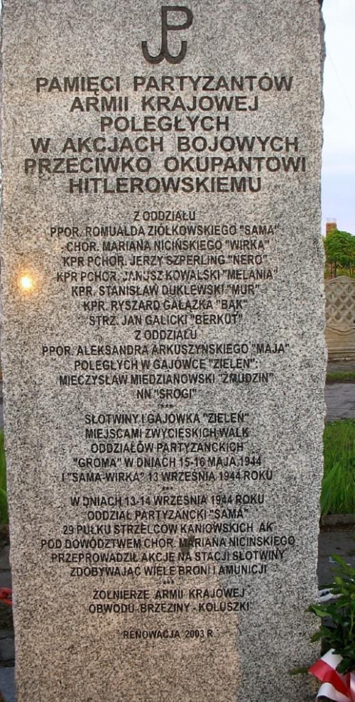 SŁOTWINY gm.Koluszki OBELISK PAMIĘCI PARTYZANTÓW AK POLEGŁYCH NA TERENIE STACJI KOLEJOWEJ W SŁOTWINACH W 1944 roku #Koluszki #Słotwiny #ArmiaKrajowa #StacjaSłotwiny #LeśniczówkaSłotwiny #Pomnik