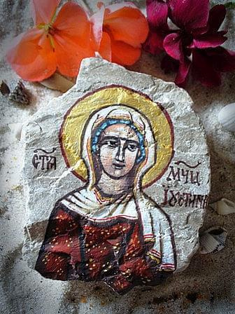 #ikona #Justyna #muszelki #kwiaty #obraz #kamień #prawosławie #cerkiew