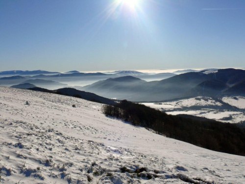 Widok z trasy na Tarnicę #góry #Bieszczady #zima #śnieg #inwersja