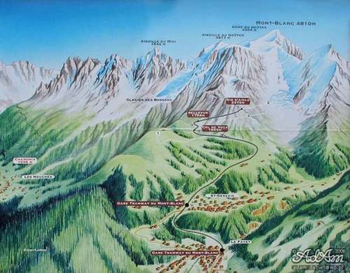 Obrazek Mont Blanc z zaznaczoną trasa kolejki Tramway du Mont-Blanc